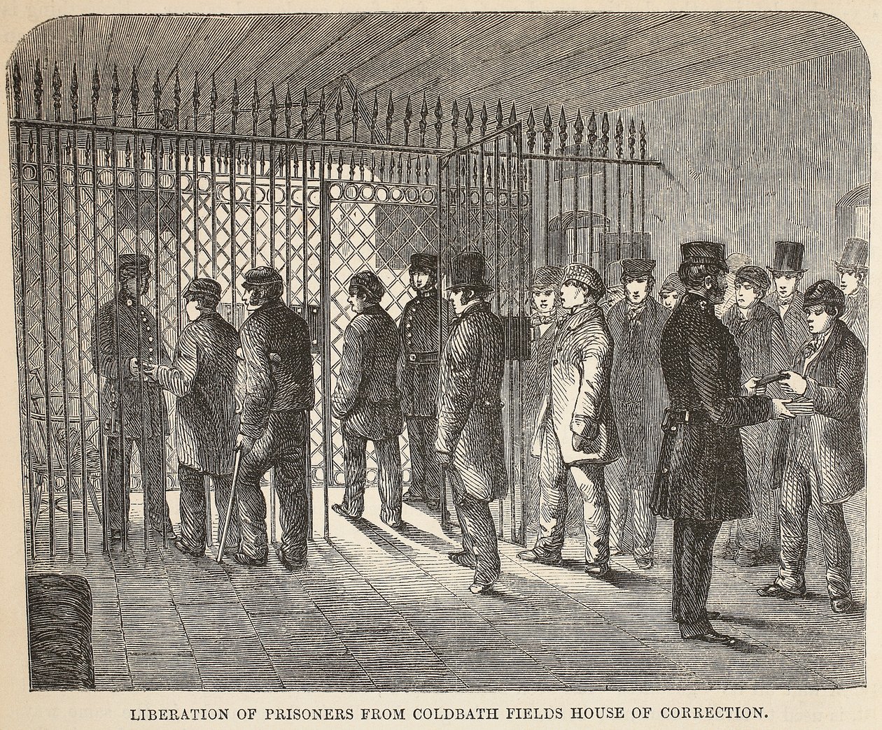 Bevrijding van gevangenen uit Coldbath Fields House of Correction, illustratie uit The Criminal Prisons of London and Scenes from Prison Life door Henry Mayhew en John Binny, uitgegeven in 1862 door English School