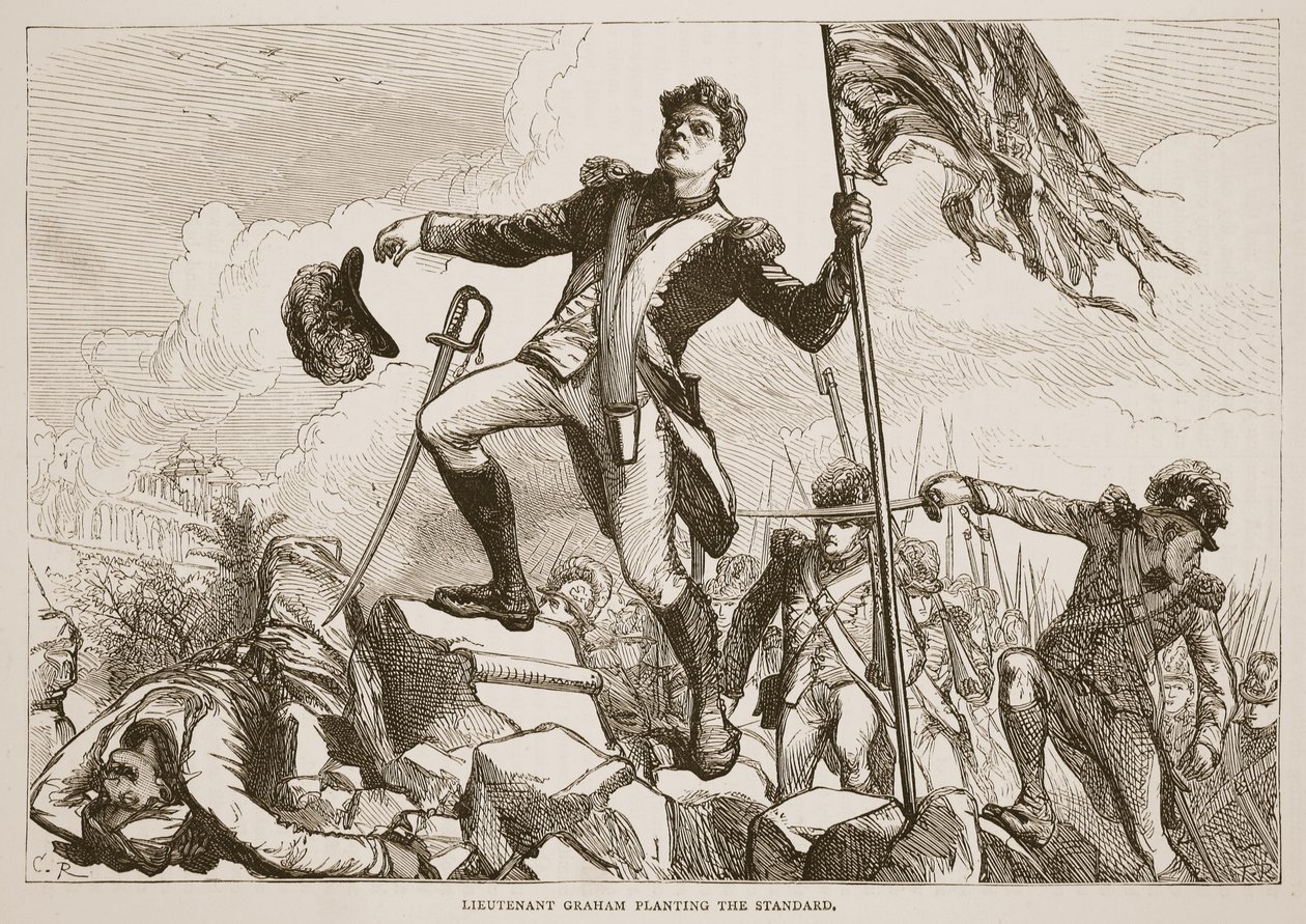 Luitenant Graham plant de standaard, illustratie uit Cassells Geïllustreerde Geschiedenis van India door James Grant, uitgegeven 1879 door English School