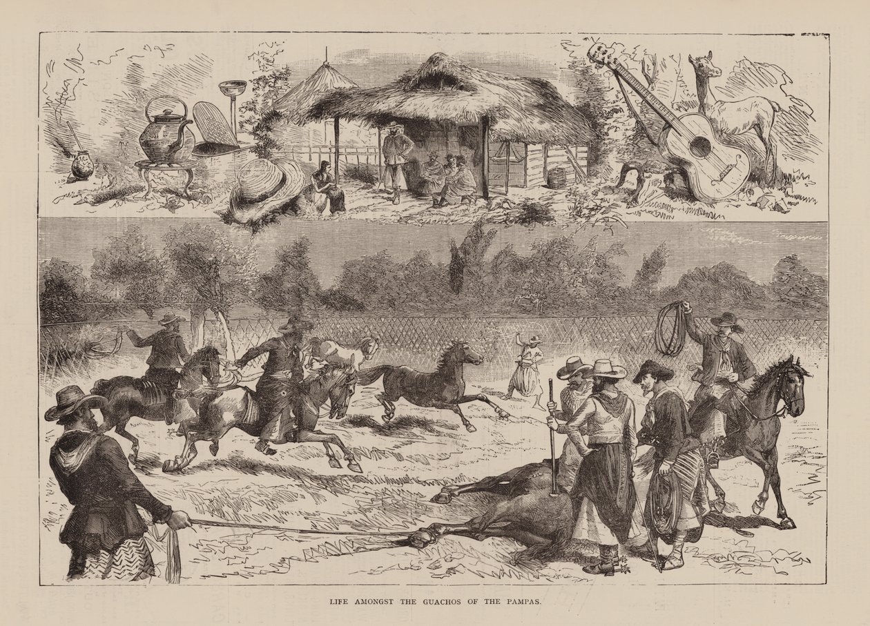 Het leven tussen de Guachos van de Pampas (gravure) door English School