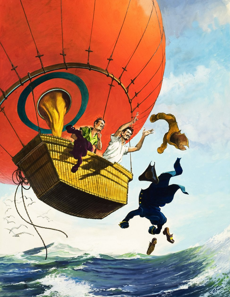 De last verlichten door kleren uit een heteluchtballon te gooien (gouache op papier) door English School