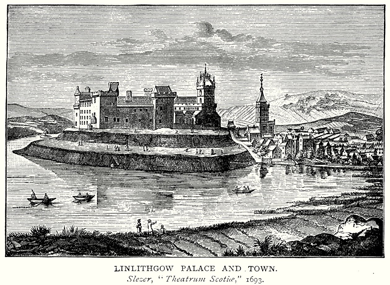 Linlithgow Paleis en Stad (gravure) door English School