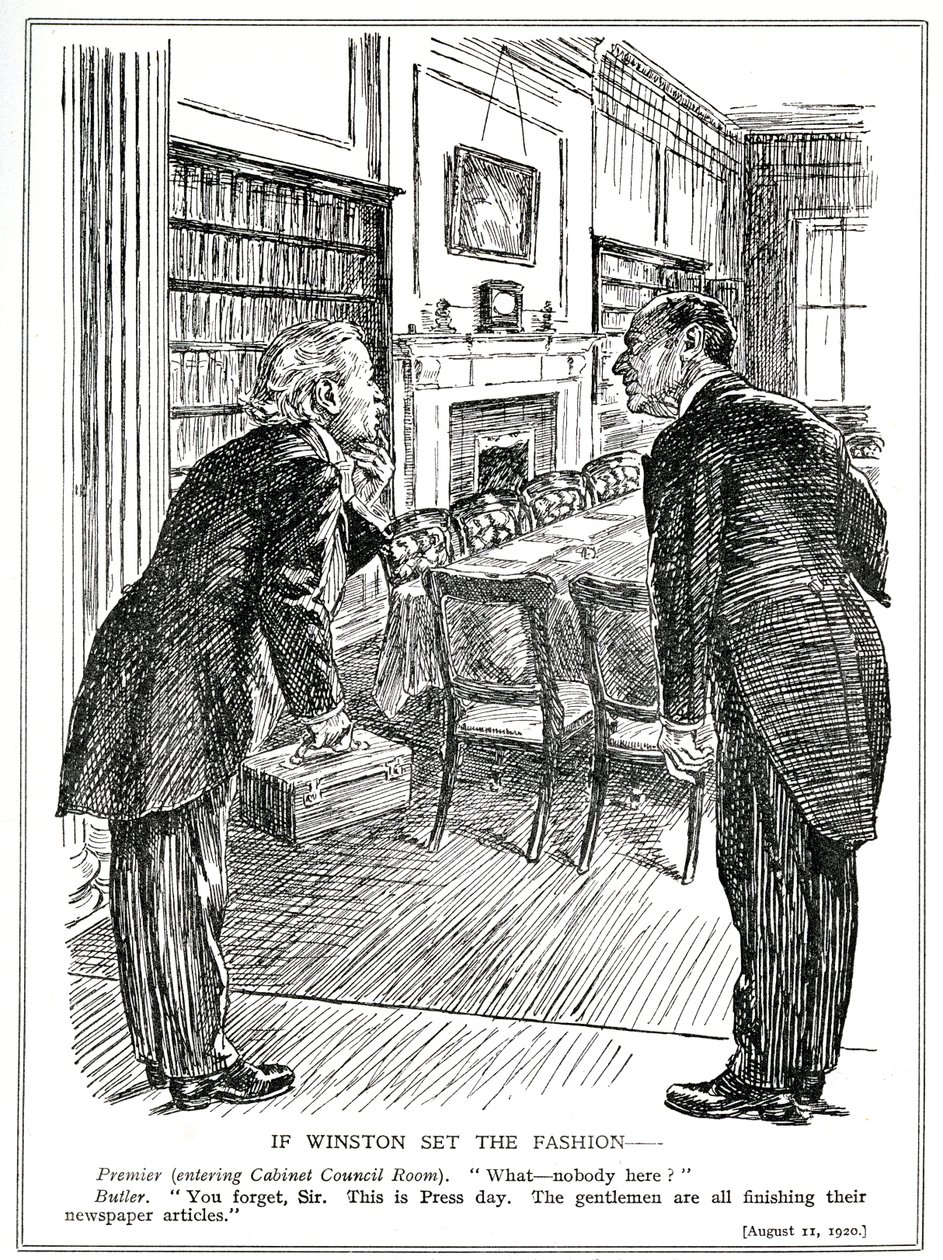 Lloyd George betreedt een kabinetkamer zonder ministers die bezig zijn met het schrijven van artikelen voor de kranten, augustus 1920 door English School