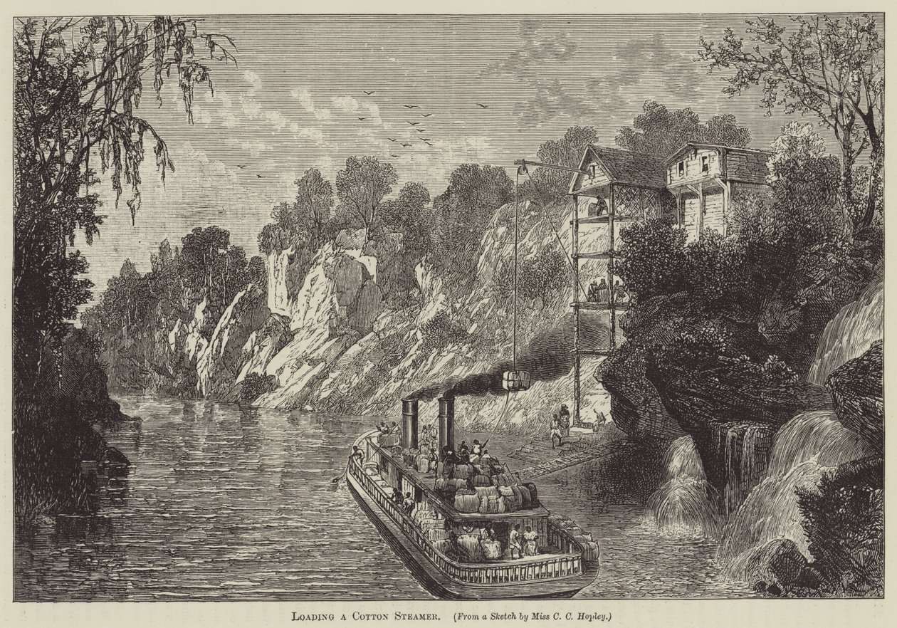 Het laden van een katoenstoomboot (gravure) door English School