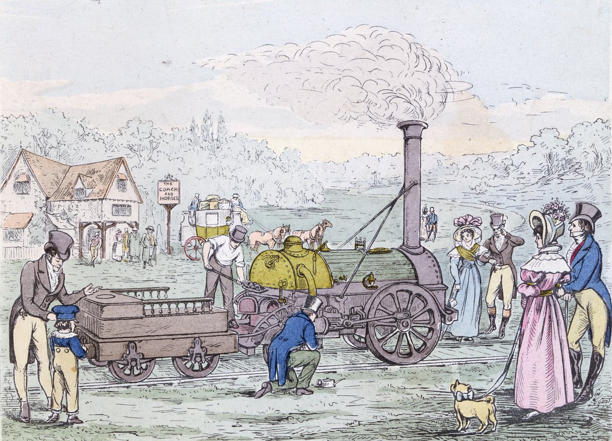 Locomotief, de Rocket in 1830, gebouwd door George Stephenson (1781-1848) door English School