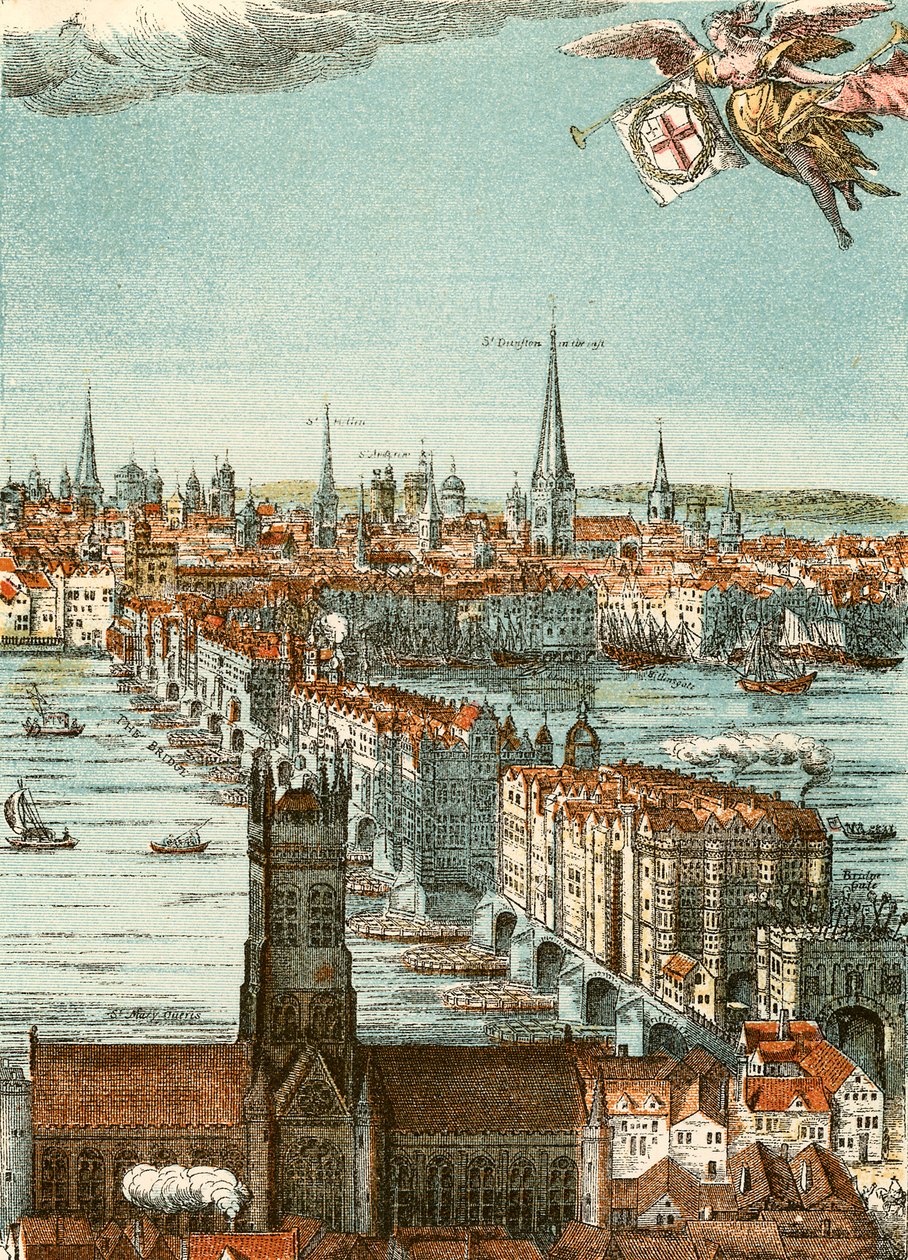 London Bridge (ingekleurde gravure) door English School