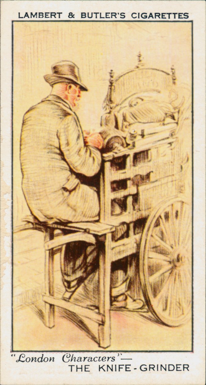 Londense personages: De messenslijper (kleurenlitho) door English School