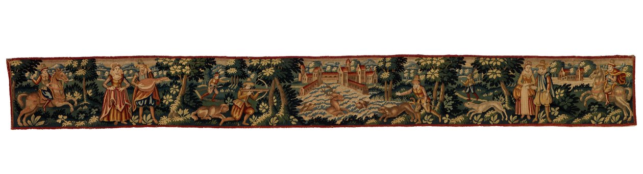Lange strook tapijt met figuren die rijden, lopen en jagen, ca. 1600 (wol) door English School