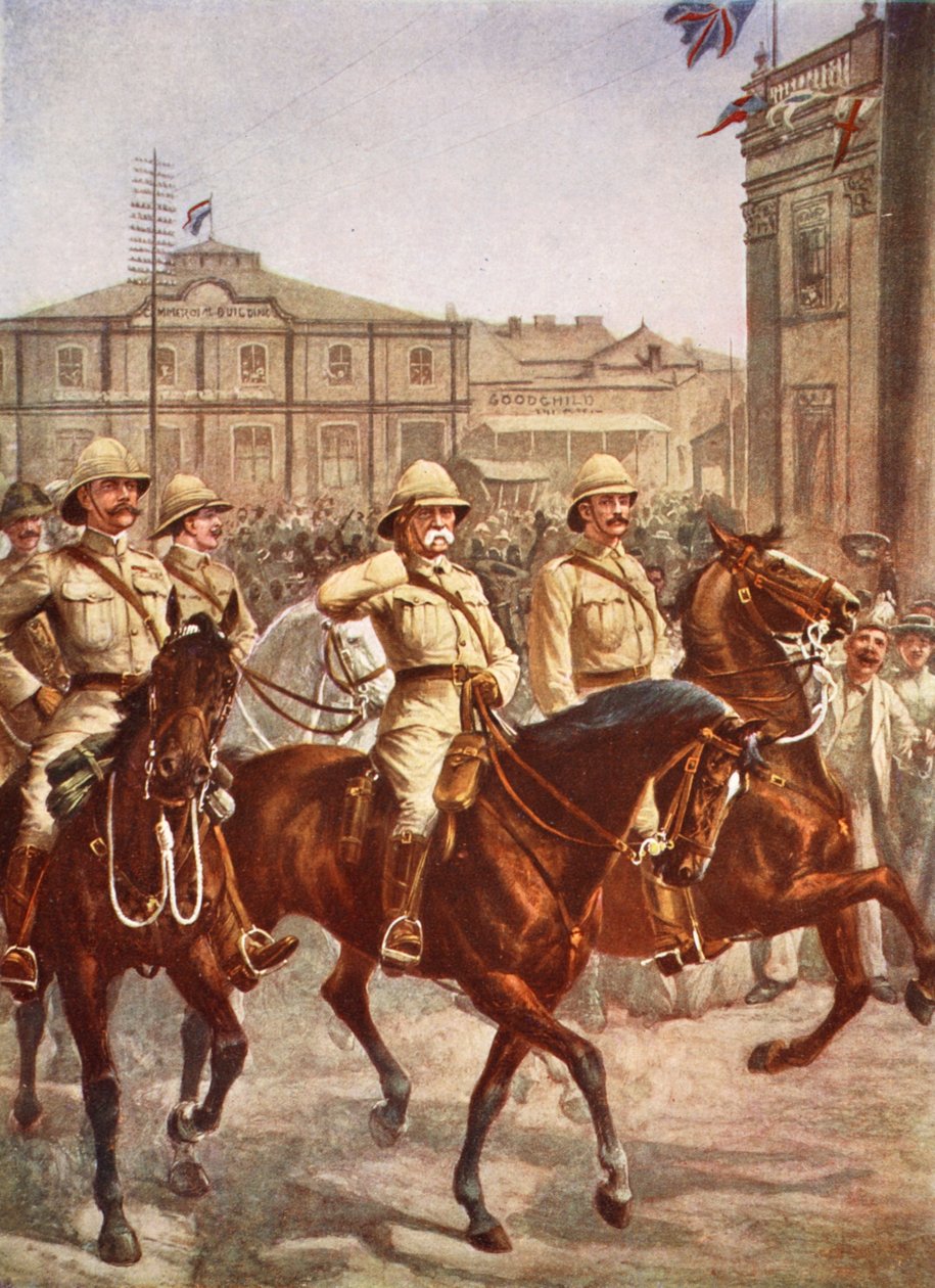Lord Roberts betreedt de stad Kimberley na de succesvolle verlichting van een vier maanden durende Boerenbelegering, illustratie uit Hutchinsons Verhaal van de Britse Natie, ca. 1920 door English School