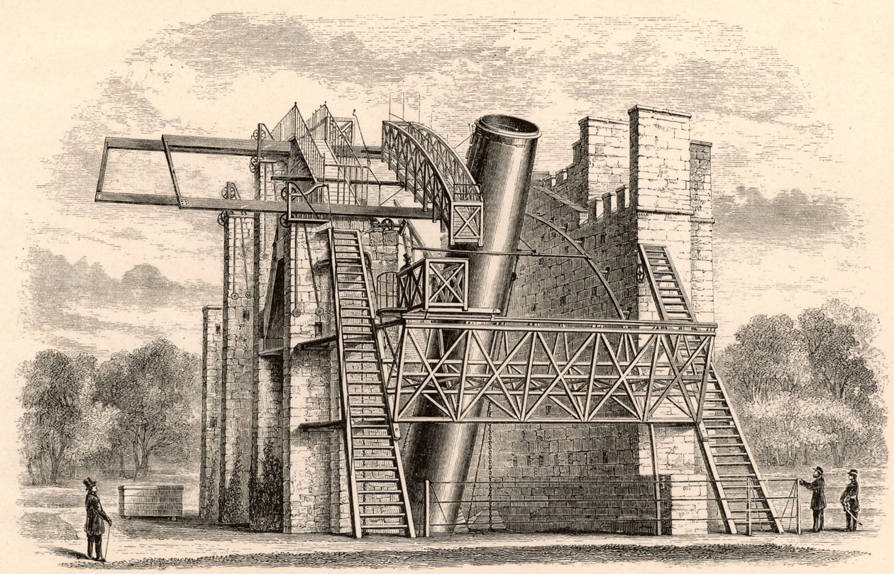 Lord Rosses grote reflecterende telescoop, uit A Handbook of Descriptive Astronomy door George F. Chambers, gepubliceerd in Oxford, 1890 door English School