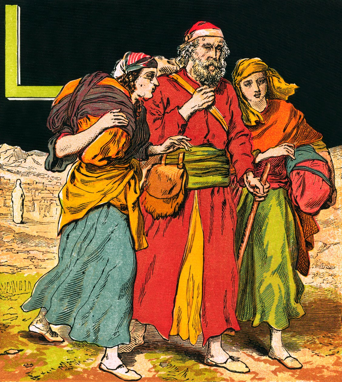 Lot met zijn vrouw en dochters (kleurenlitho) door English School