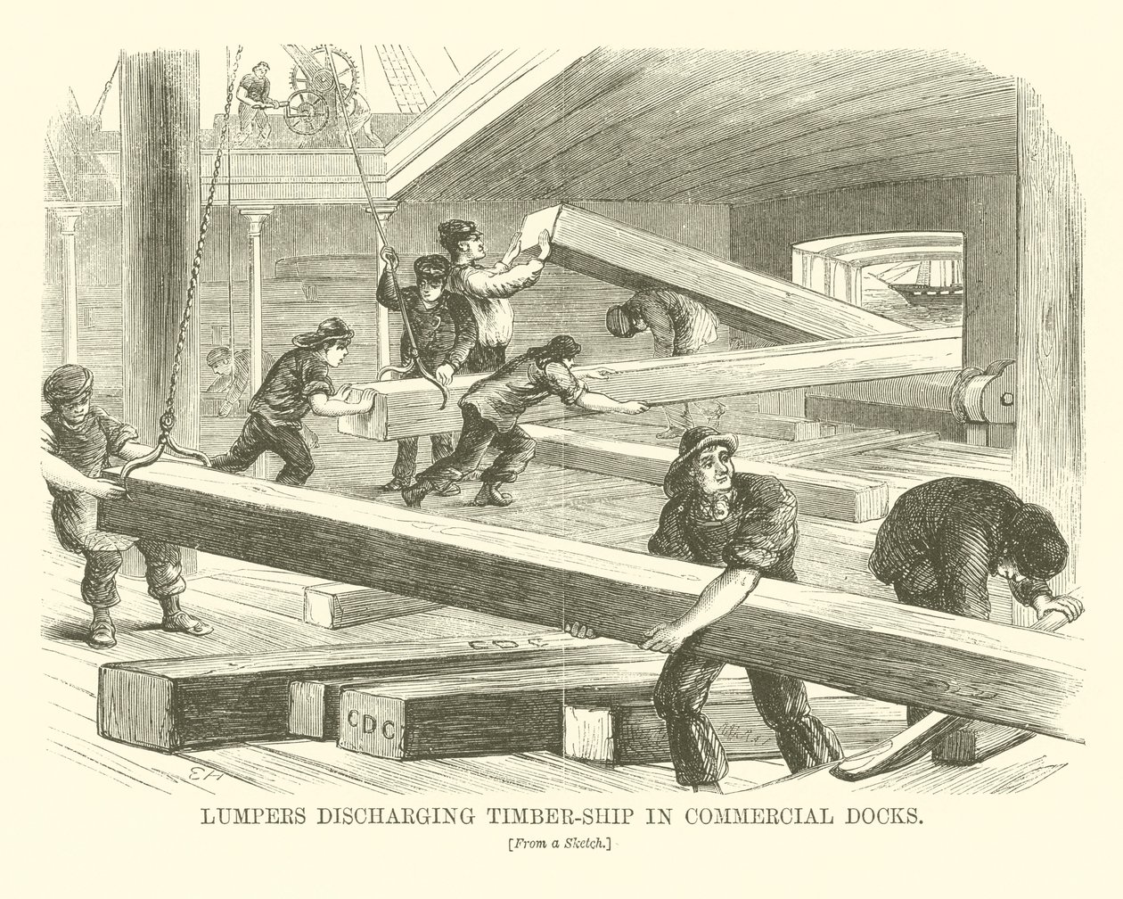 Lumpers lossen houtschip in handelsdokken (gravure) door English School