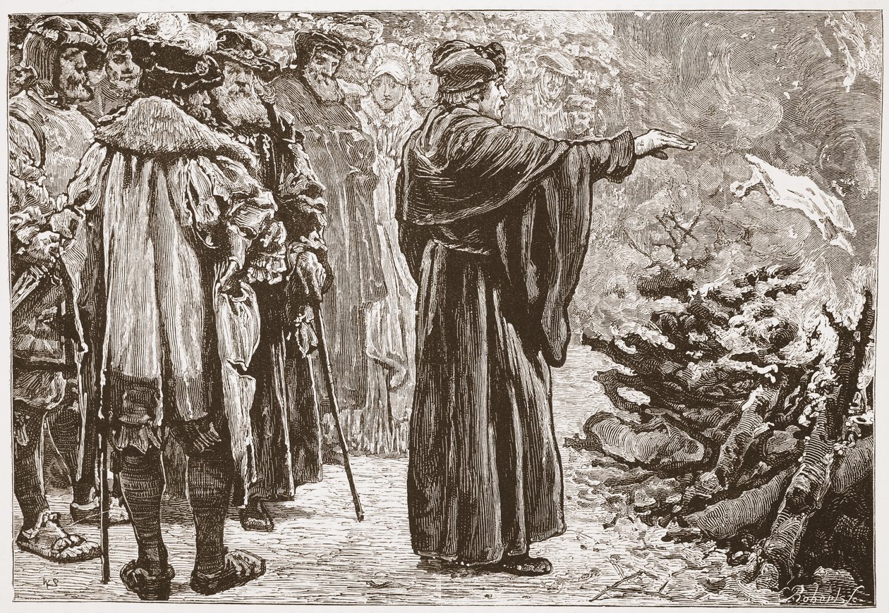 Luther die de pauselijke bul verbrandt, illustratie uit The History of Protestantism door James Aitken Wylie (1808-1890), gepubliceerd 1878 door English School