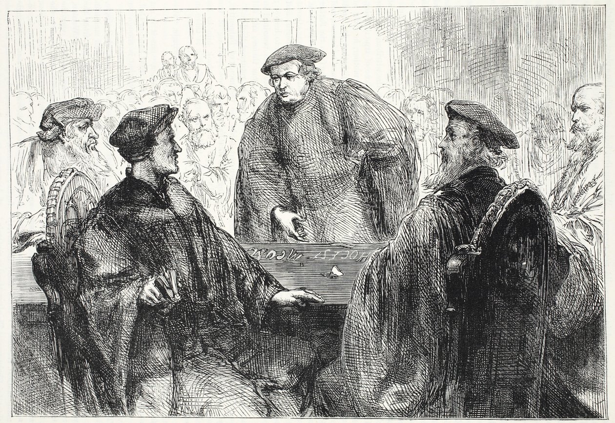 Luther en Zwingle discussiëren in Marburg, illustratie uit De Geschiedenis van het Protestantisme door James Aitken Wylie, 1878 door English School