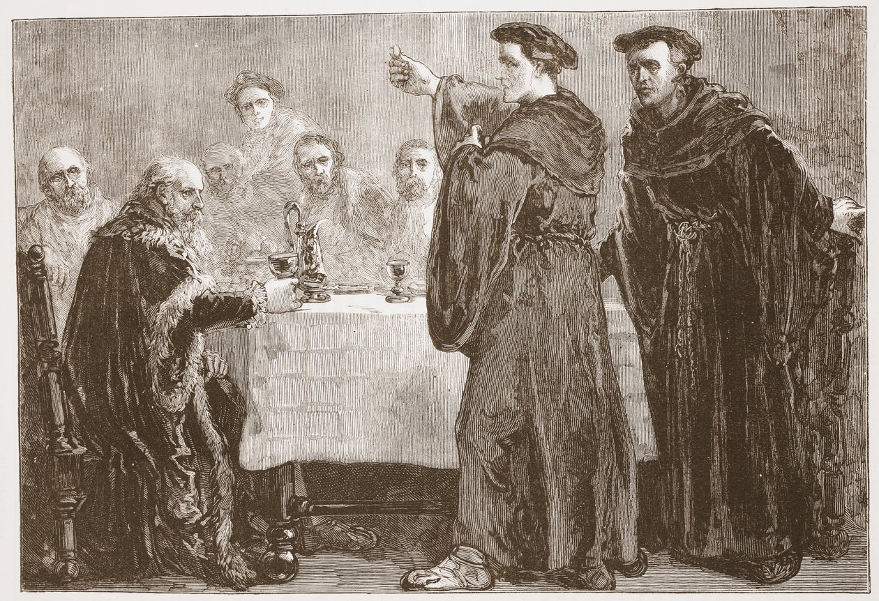 Luther daagt Carlstadt uit om tegen hem te schrijven, illustratie uit De Geschiedenis van het Protestantisme door James Aitken Wylie, 1878 door English School