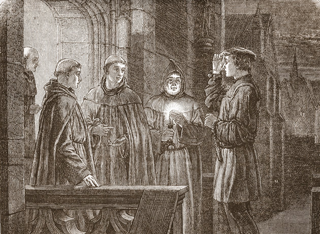 Luther die het Augustijner klooster binnengaat, illustratie uit The History of Protestantism door James Aitken Wylie (1808-1890), gepubliceerd 1878 door English School