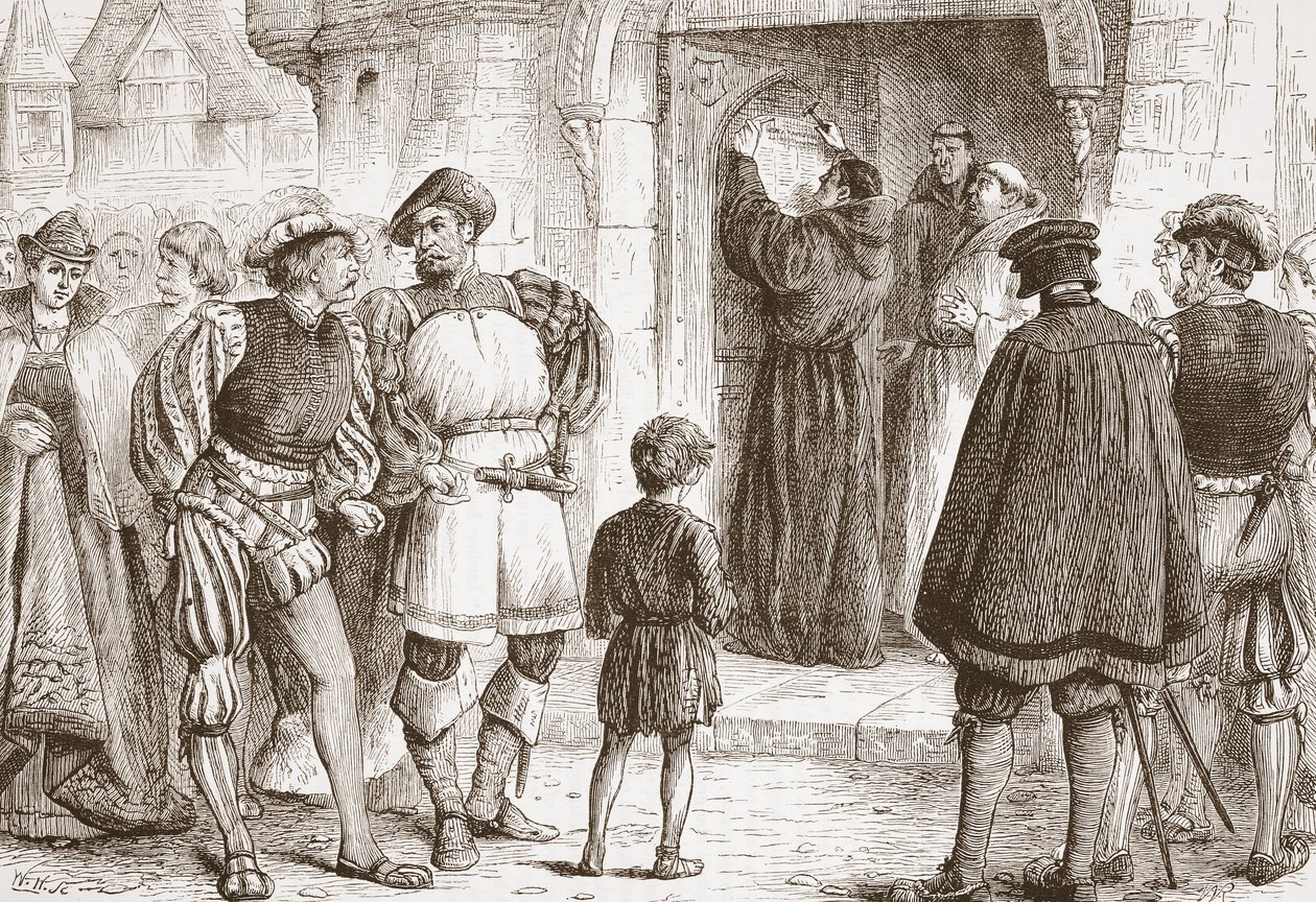Luther die zijn stellingen aan de deur van de Schloss-Kerk in Wittenberg spijkert, illustratie uit The History of Protestantism door James Aitken Wylie (1808-1890), gepubliceerd 1878 door English School