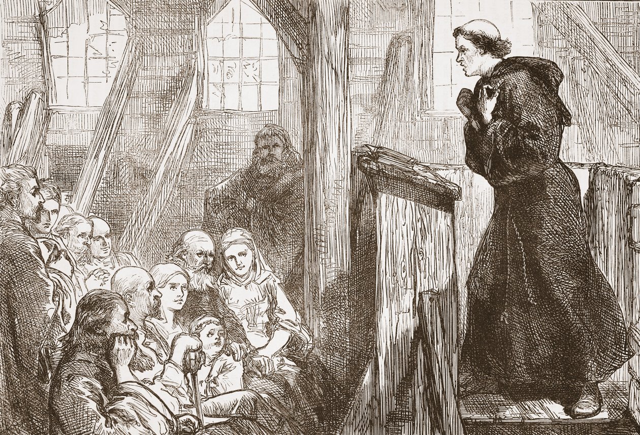 Luther predikend in de oude houten kerk in Wittenberg, illustratie uit The History of Protestantism door James Aitken Wylie (1808-1890), gepubliceerd 1878 door English School