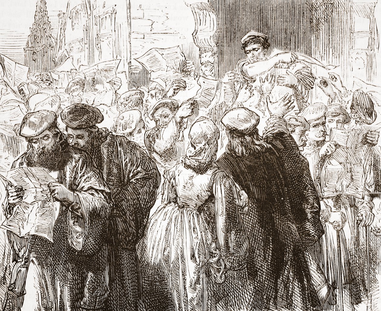 Luthers pamflet: scène in de drukkerij, illustratie uit The History of Protestantism door James Aitken Wylie (1808-1890), gepubliceerd 1878 door English School
