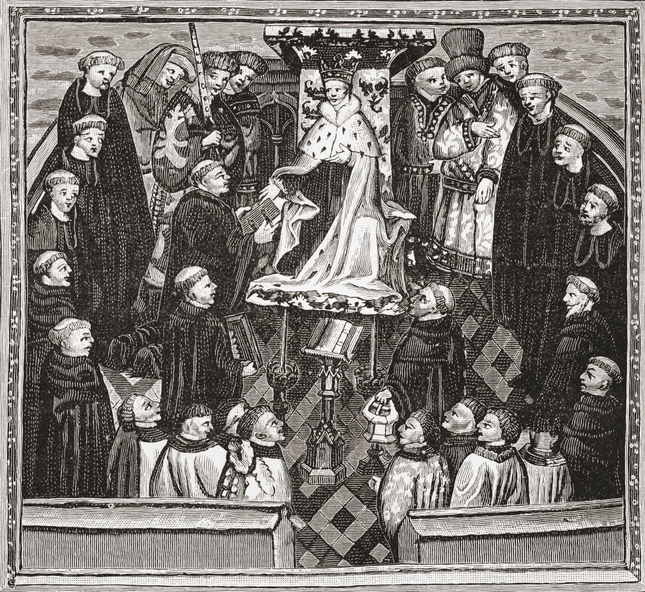 Lydgate presenteert zijn boek aan koning Hendrik V, uit 