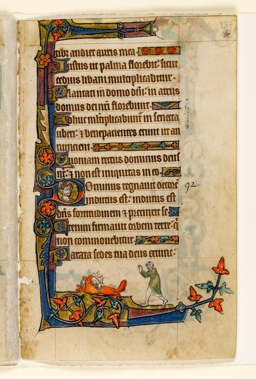 Een vos die wegrent met de eend van de boerin, marginale decoratie uit de Macclesfield Psalter, Gebruik van Sarum, Oost-Anglia, ca. 1330 door English School
