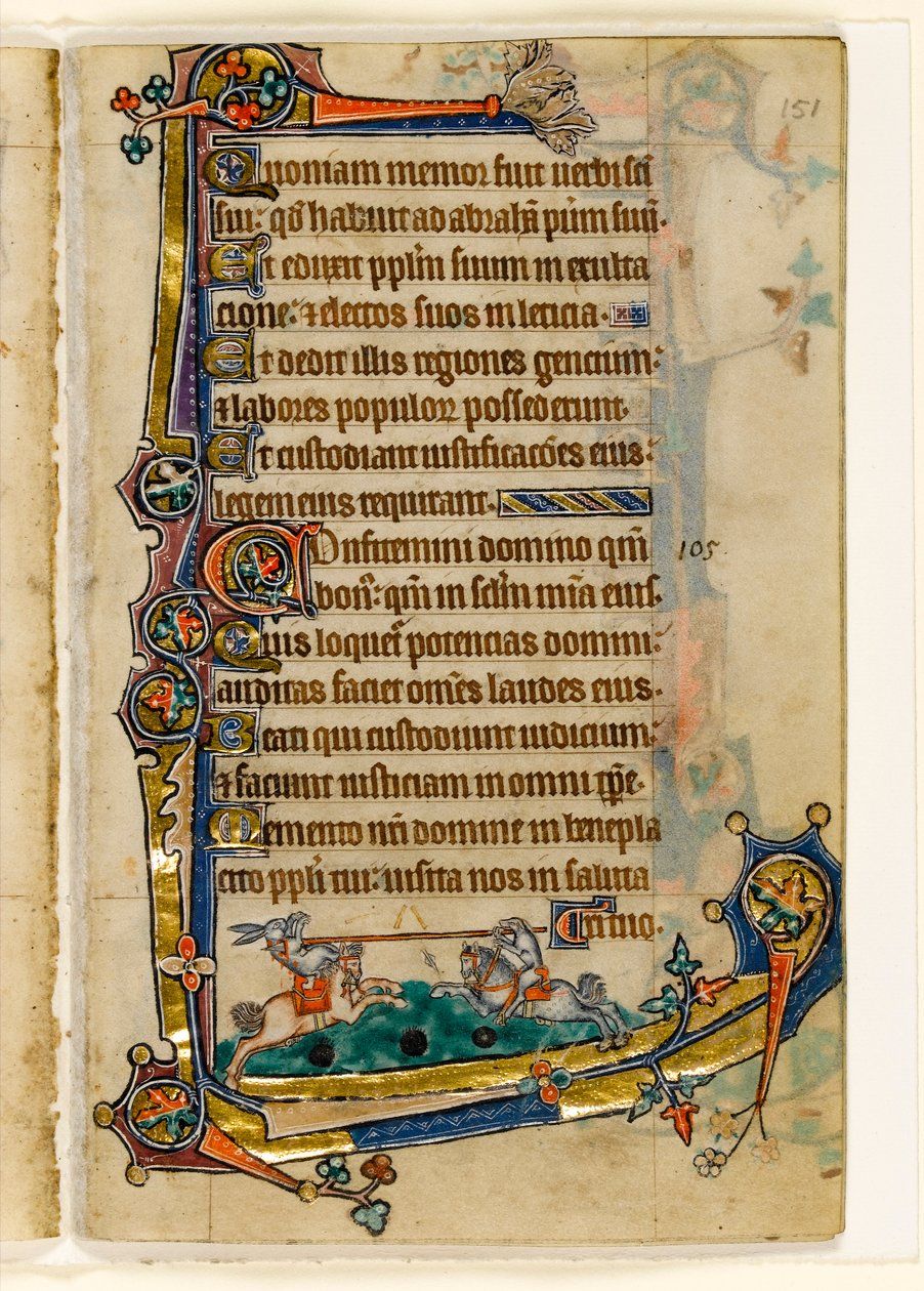Een hond en konijn die aan het toernooi zijn, marginale decoratie uit de Macclesfield Psalter, Gebruik van Sarum, Oost-Anglia, ca. 1330 door English School