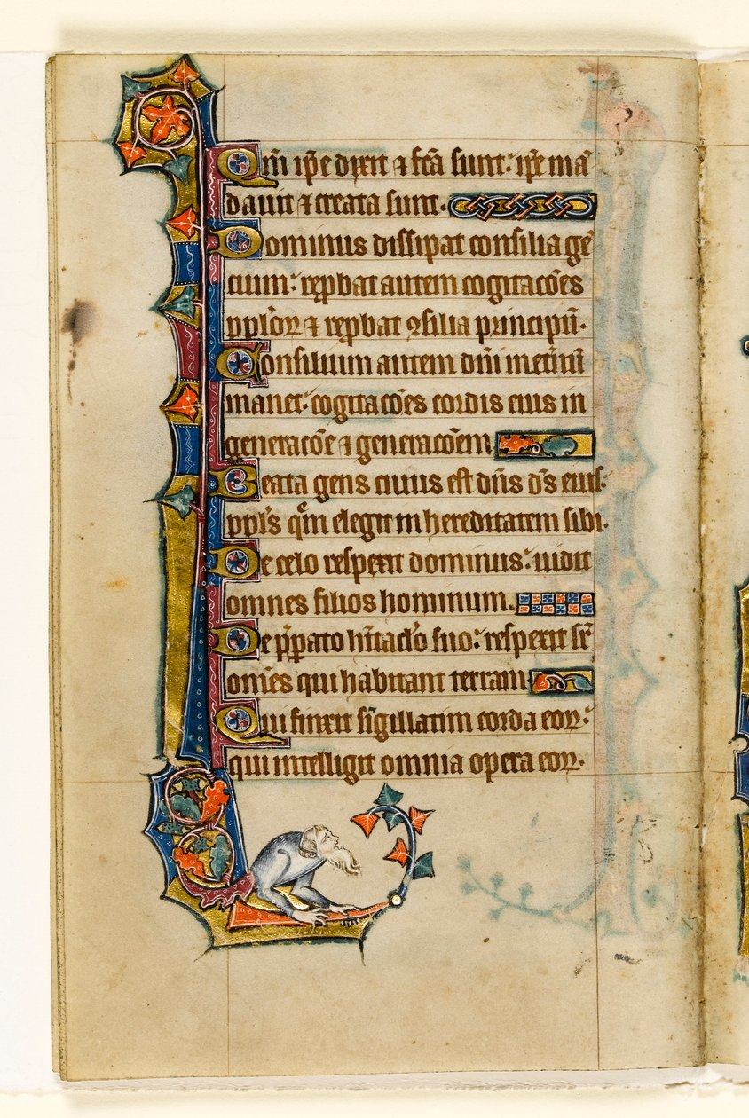 MS 1-2005, fol. 47v: Een grotesk, marginaal decor uit de Macclesfield Psalter, Gebruik van Sarum, Oost-Anglia, c.1330 door English School