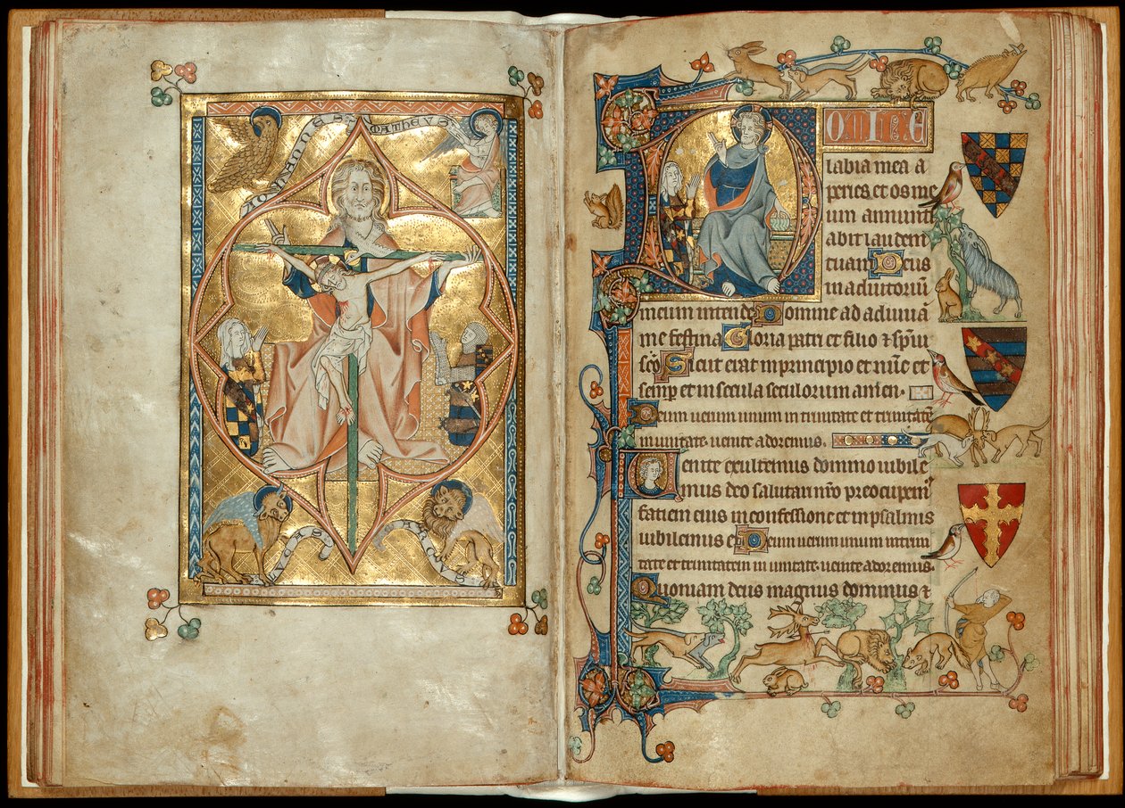 MS 242 f. 28v-29r De Troon van Genade met beschermheren, Christus zegent met een beschermheer, ca. 1314-30 door English School