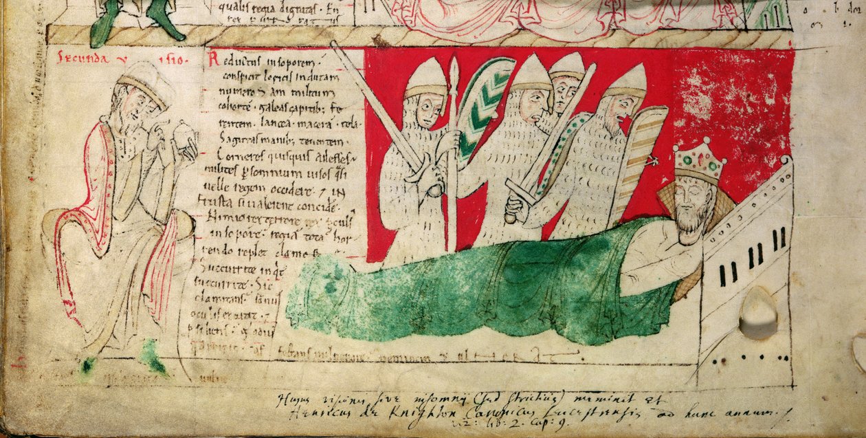 MS CCC 157 p.382 De visioenen gedroomd door koning Hendrik I in Normandië in 1130, rond 1140 ingevoegd door Jan van Worcester in de kroniek begonnen door Florence van Worcester (geb. 1118) rond 1130-40 (perkament) (detail van 95503) door English School