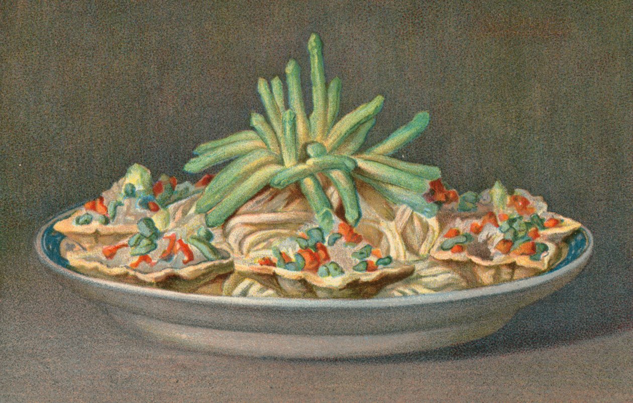 Macedoines in kistjes met asperges (kleurenlitho) door English School