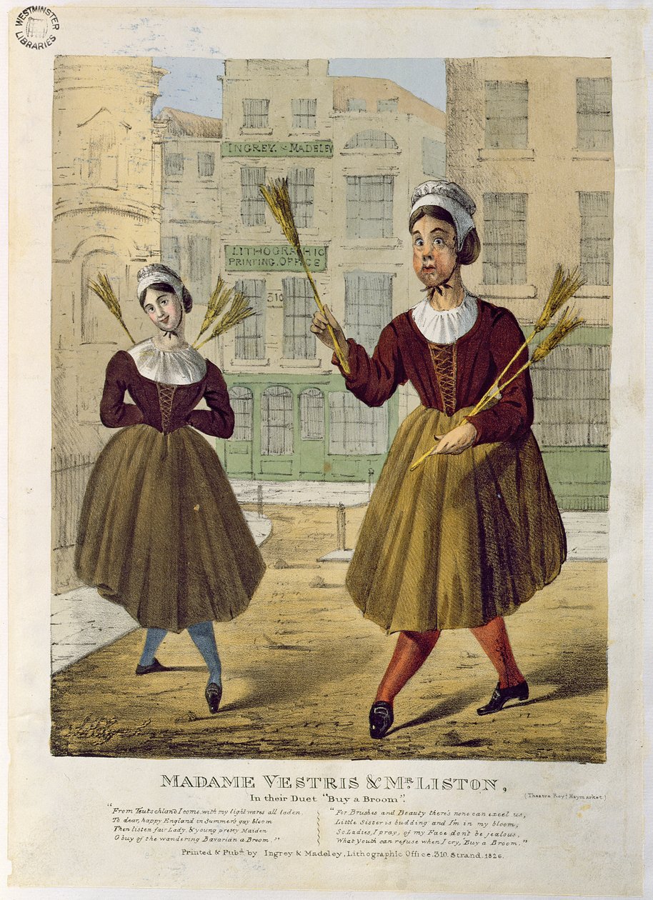 Madame Vestris en Mr Liston in hun Duet Koop een Bezem, uitgegeven door Ingrey & Madeley, 1826 door English School