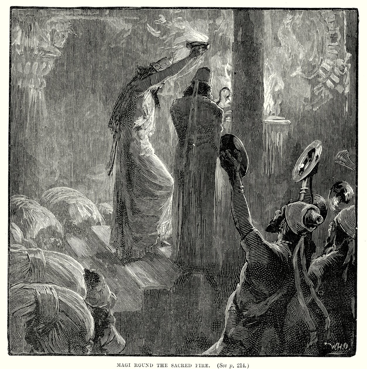Wijzen rond het heilige vuur (gravure) door English School