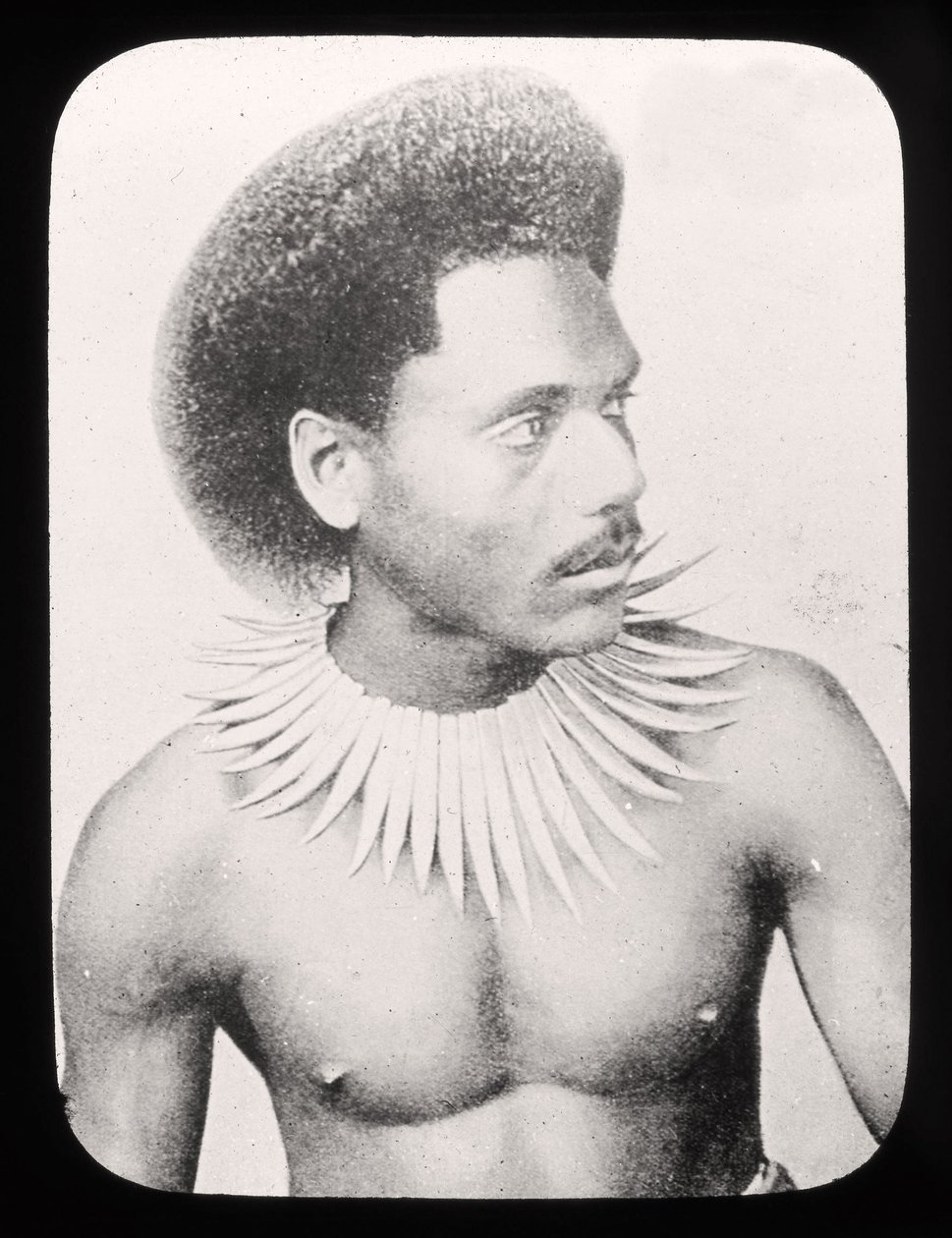 Toverlantaarnplaat van een Fijische opperhoofd in traditionele kleding ca. 1900 door English School