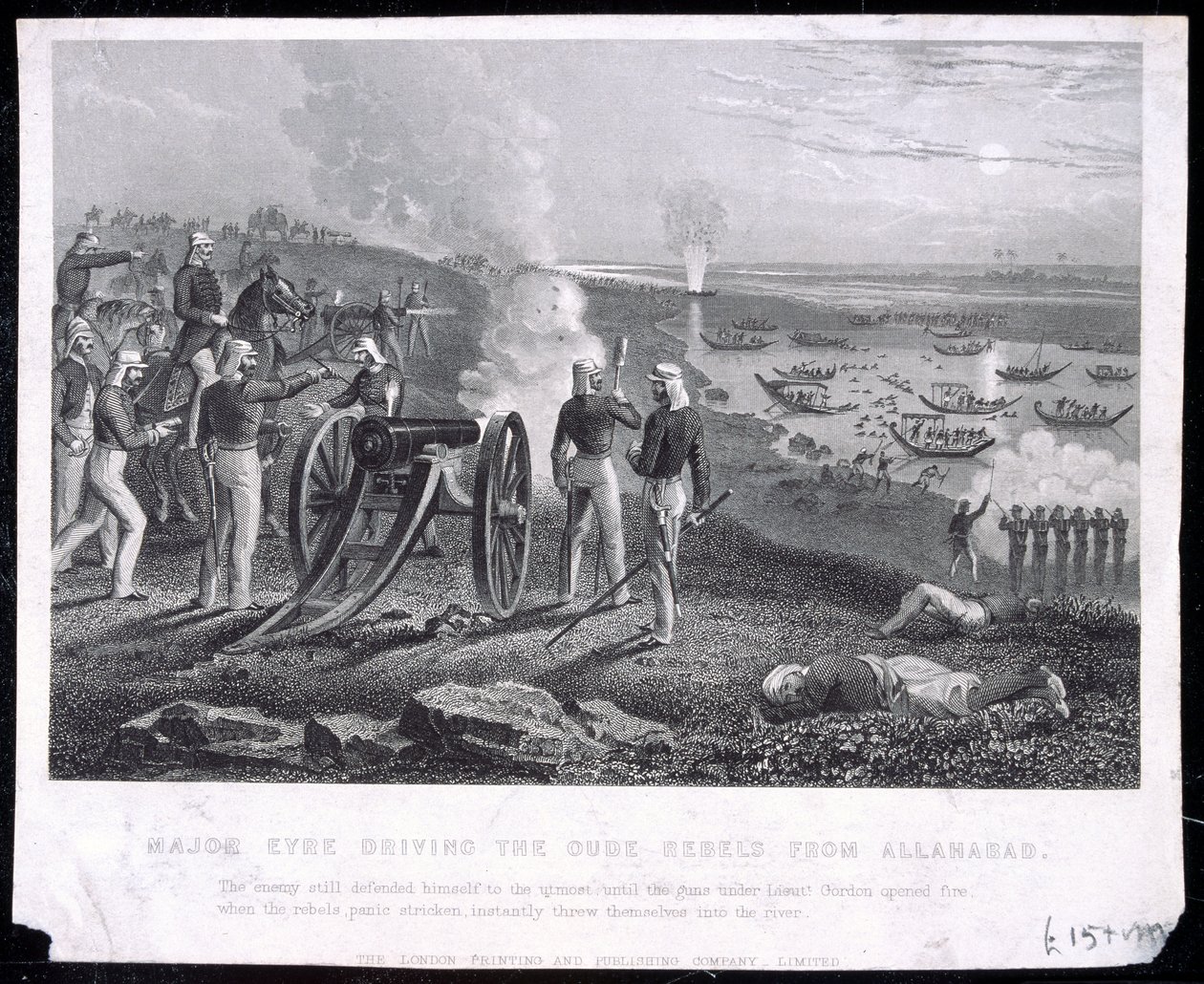 Majoor Eyre die de Oude Rebellen uit Allahabad verdrijft, uitgegeven door The London Printing and Publishing Company Limited, 1857 door English School