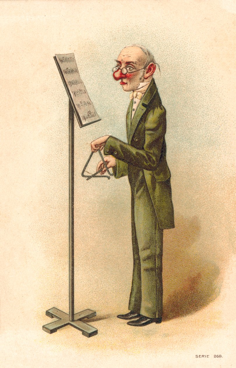 Man leest muziekbladen om de triangel te spelen (kleurenlitho) door English School