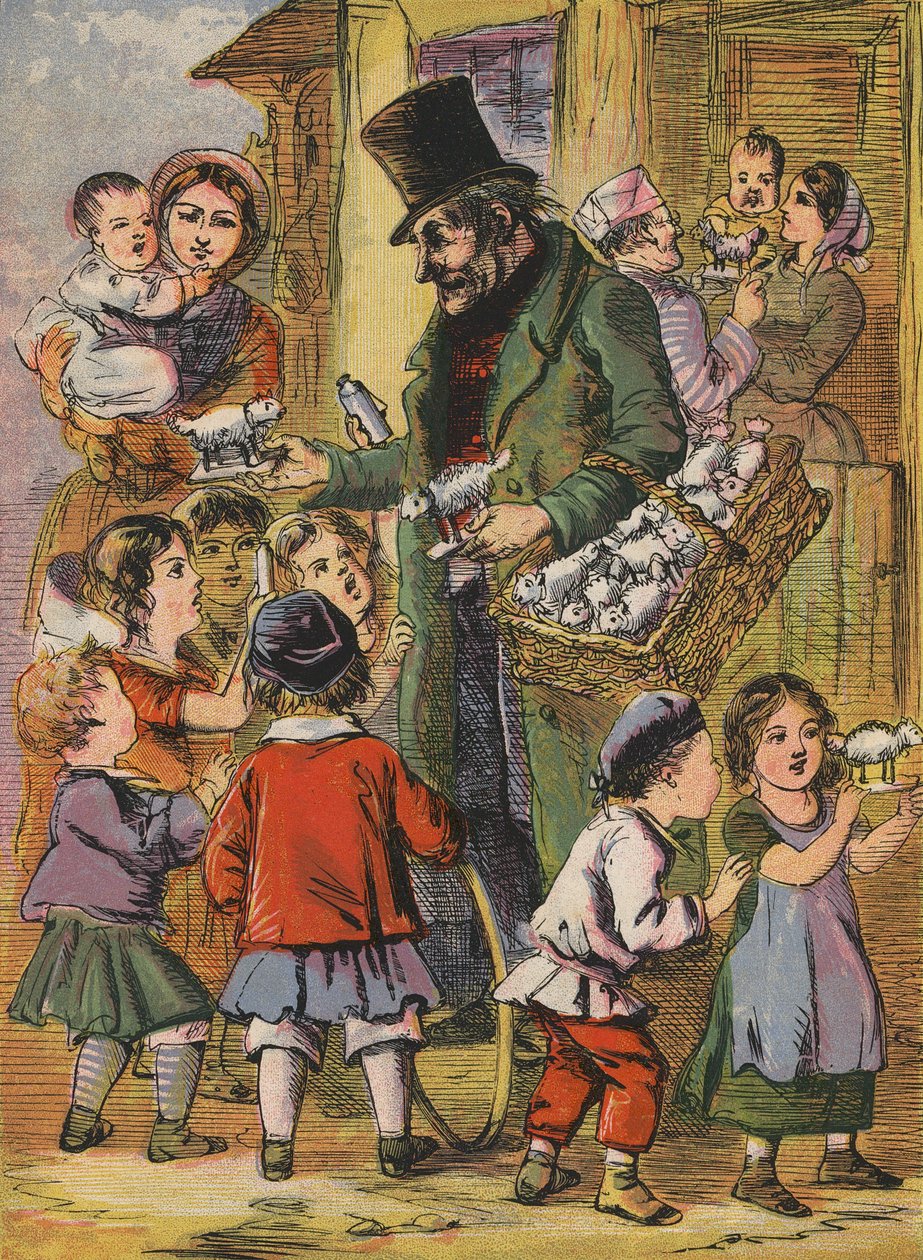 Man verkoopt speelgoedlammetjes (kleurenlitho) door English School
