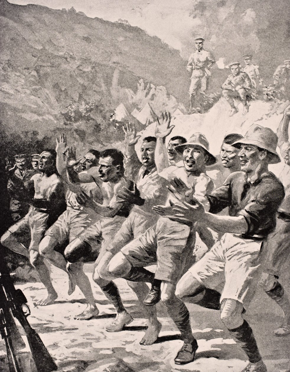 Maori soldaten voeren een Haka uit bij Gaba Tepe op het Gallipoli-schiereiland Turkije 1915, uit 