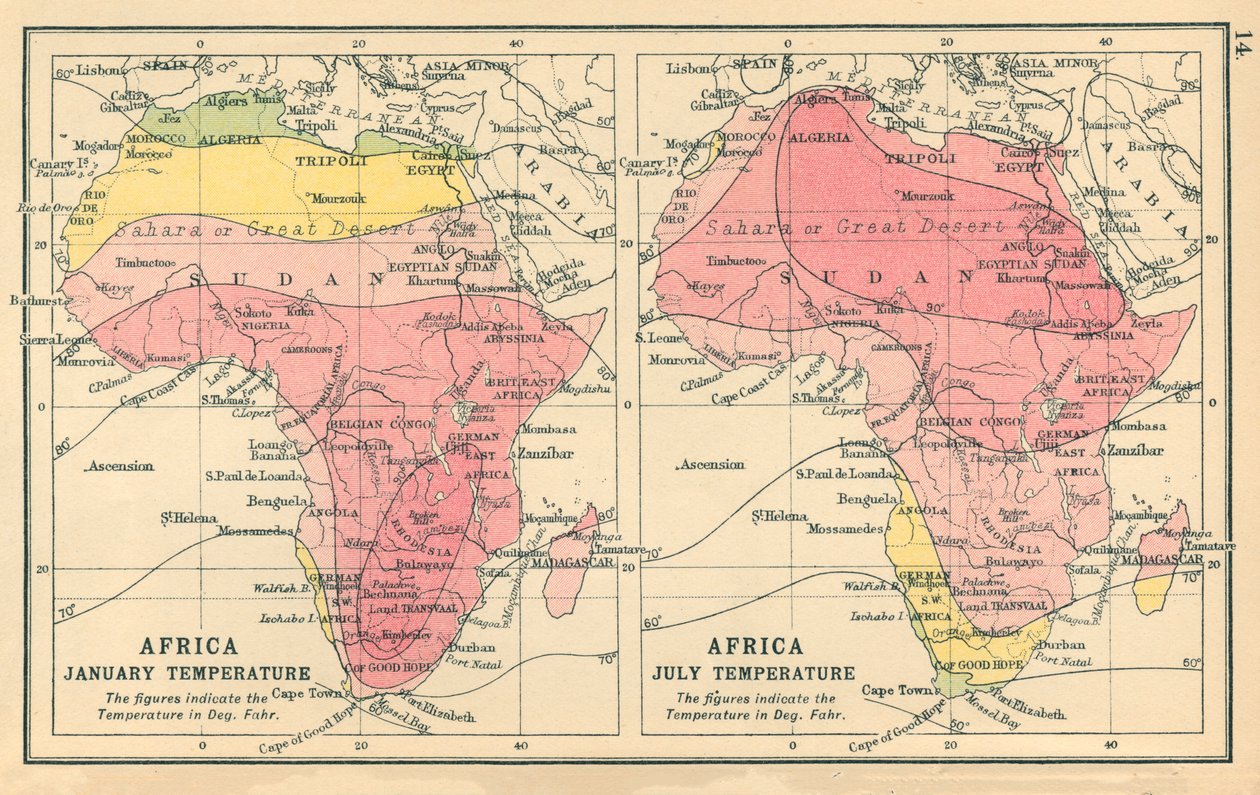 Kaart: Afrika, januari Temperatuur, juli Temperatuur (kleurenlitho) door English School