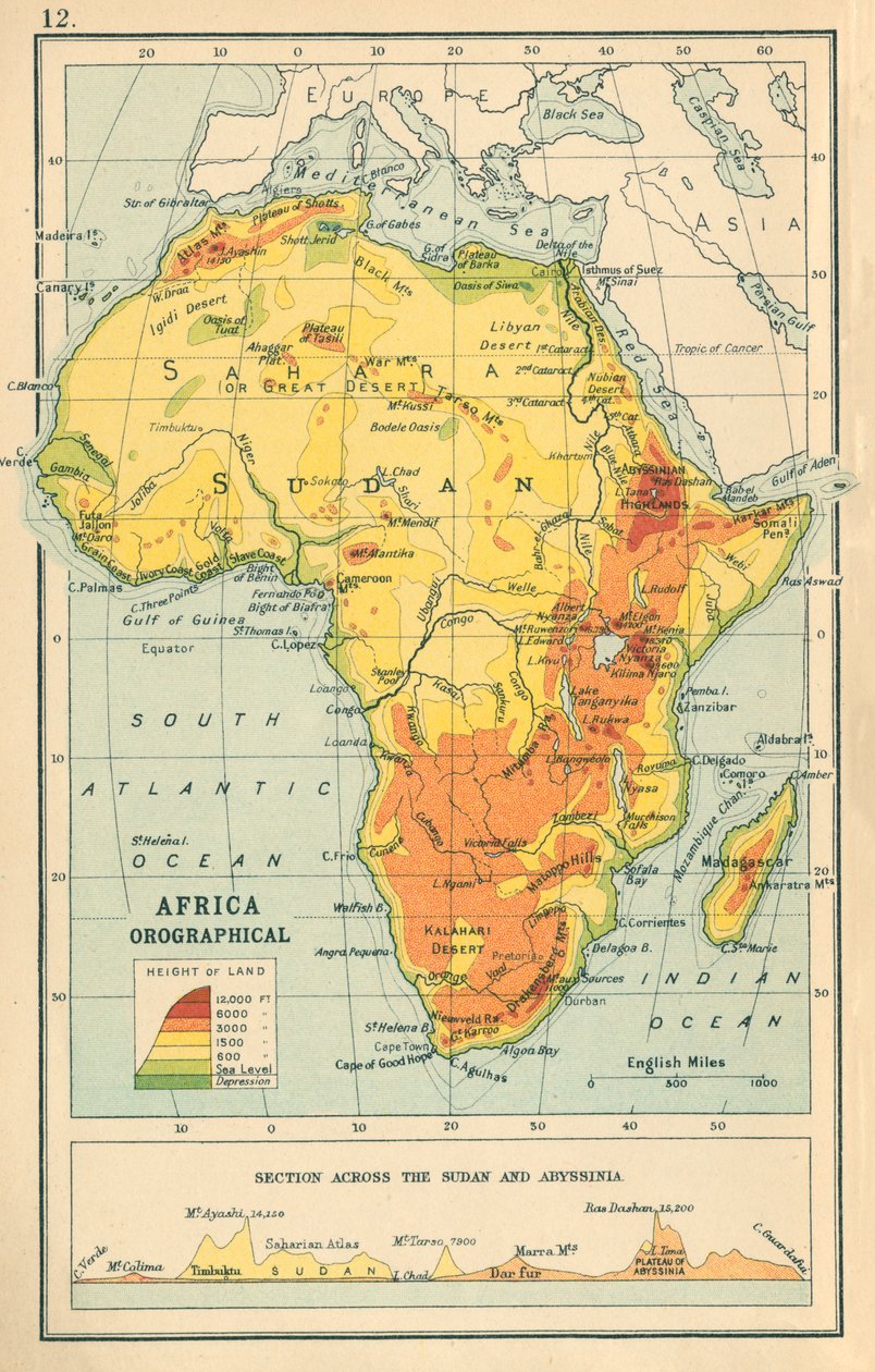 Kaart: Afrika Orografisch (kleurenlitho) door English School
