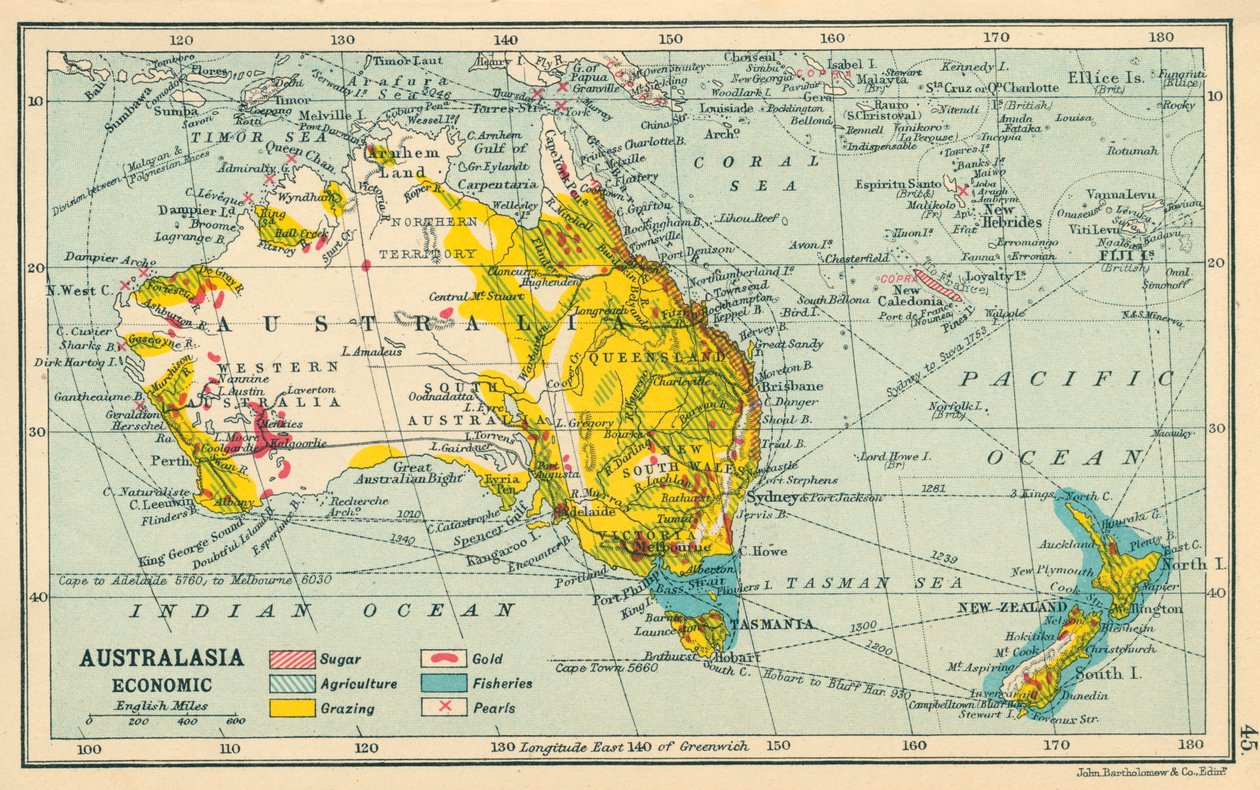 Kaart: Australazië, economisch (kleurenlitho) door English School