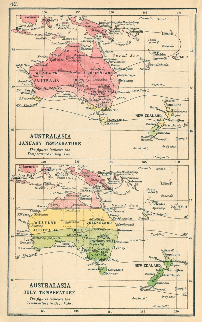 Kaart: Australazië, januari Temperatuur, juli Temperatuur (kleurenlitho) door English School