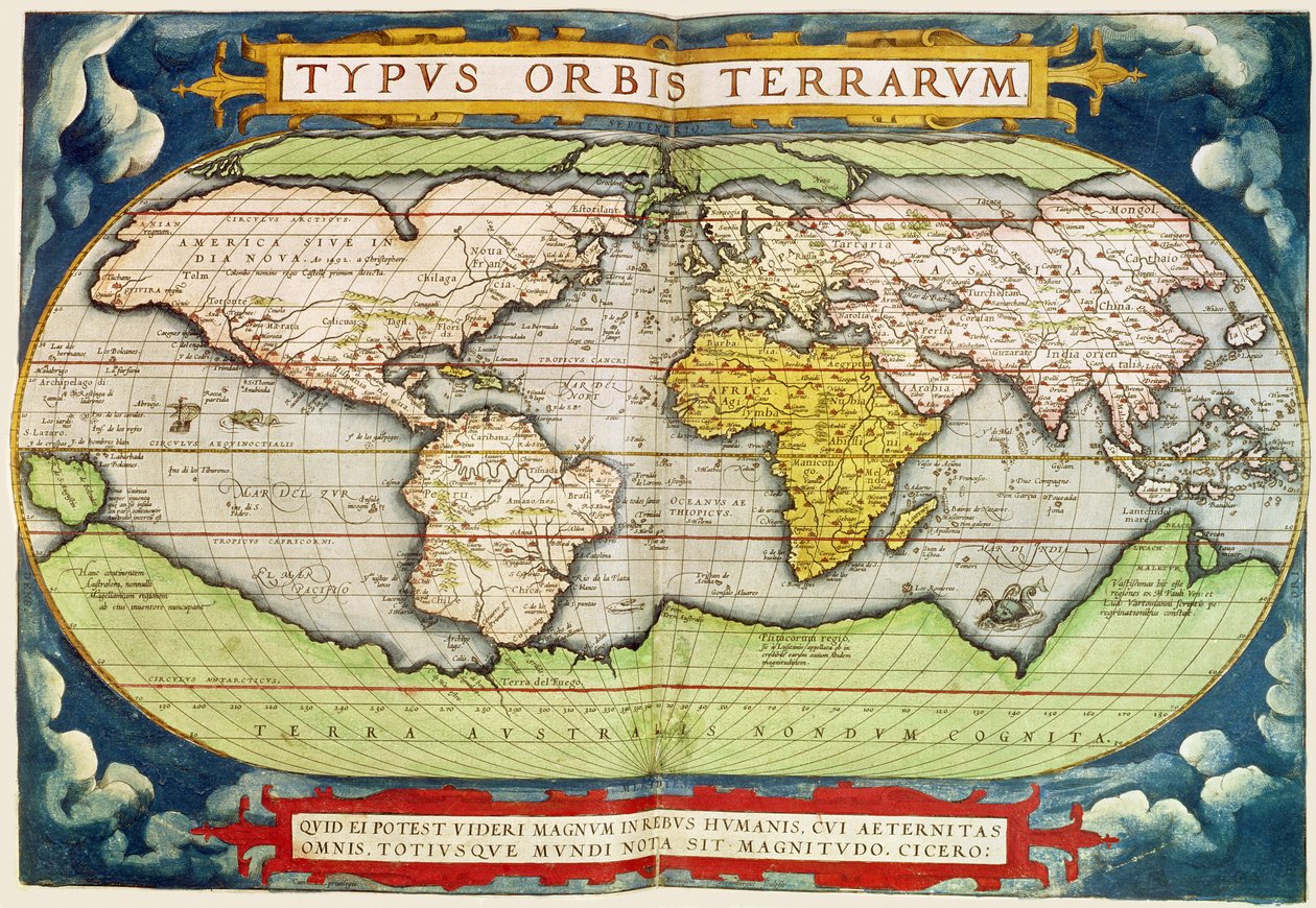 Kaart die de wereldomzeiling van Sir Francis Drake (ca. 1540-96) in kaart brengt, gegraveerd door Frans Hogenburg (1535-90) door English School