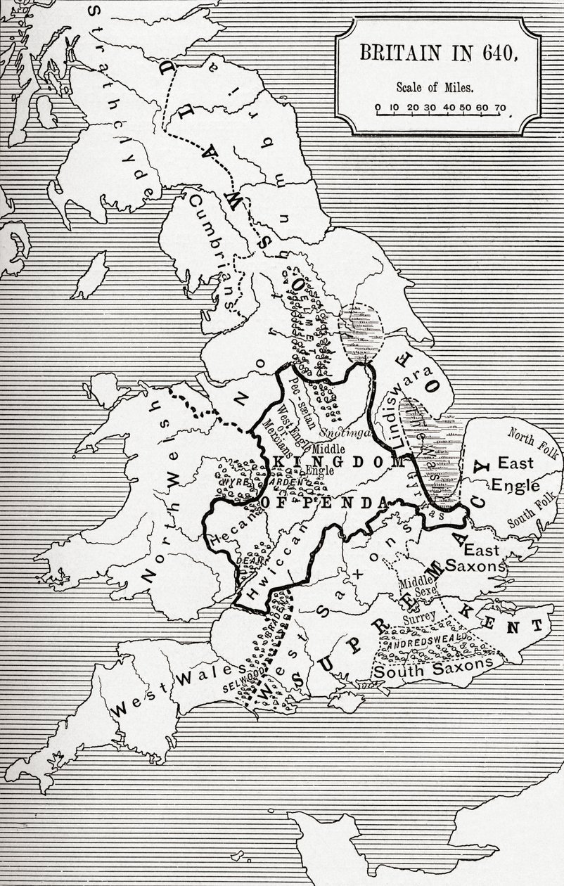 Kaart van Groot-Brittannië in 640, uit Het Northumbrische Koninkrijk in 