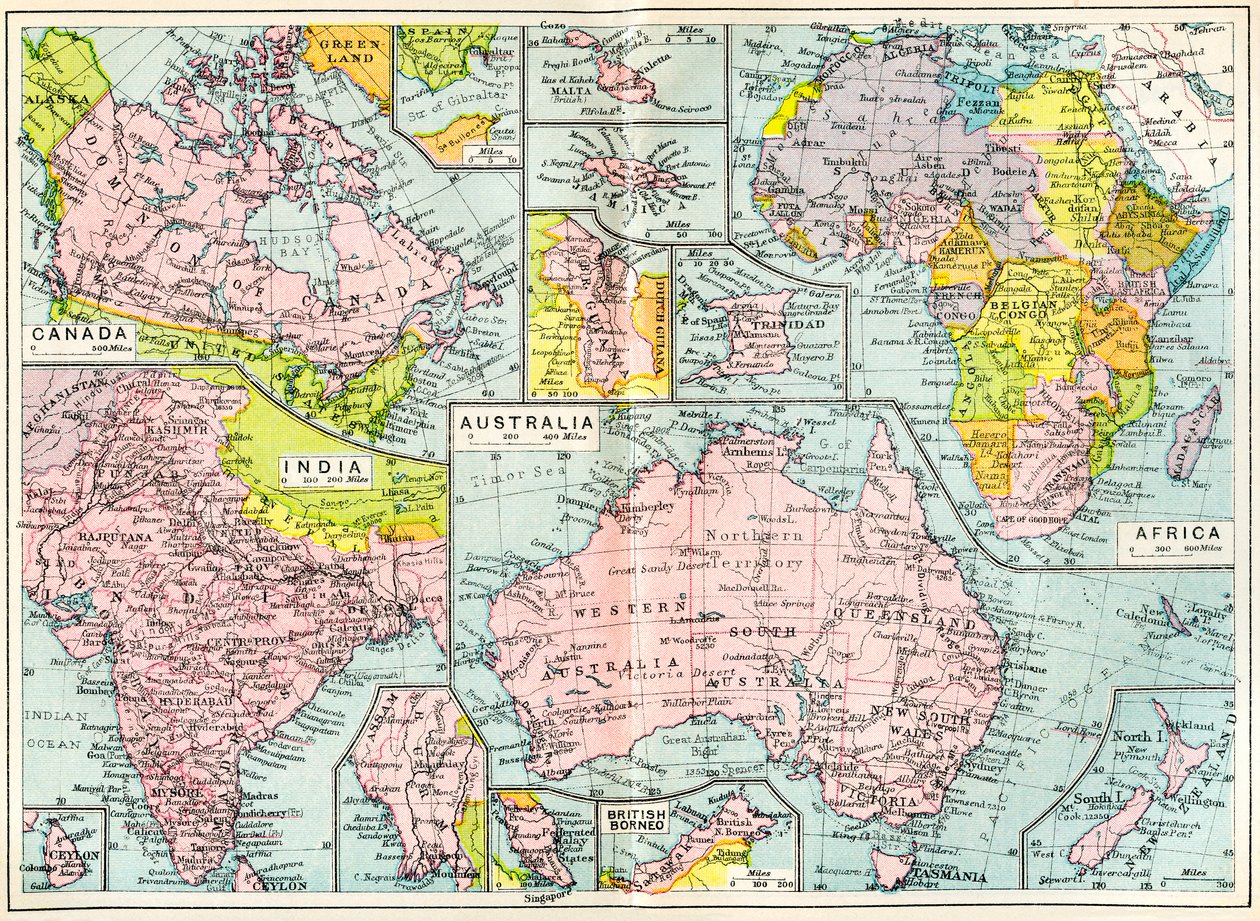 Kaart van Britse bezittingen in 1914 bij het uitbreken van WOI, uit The British Empire Universities Modern English Illustrated Dictionary, pub. 1914 door English School