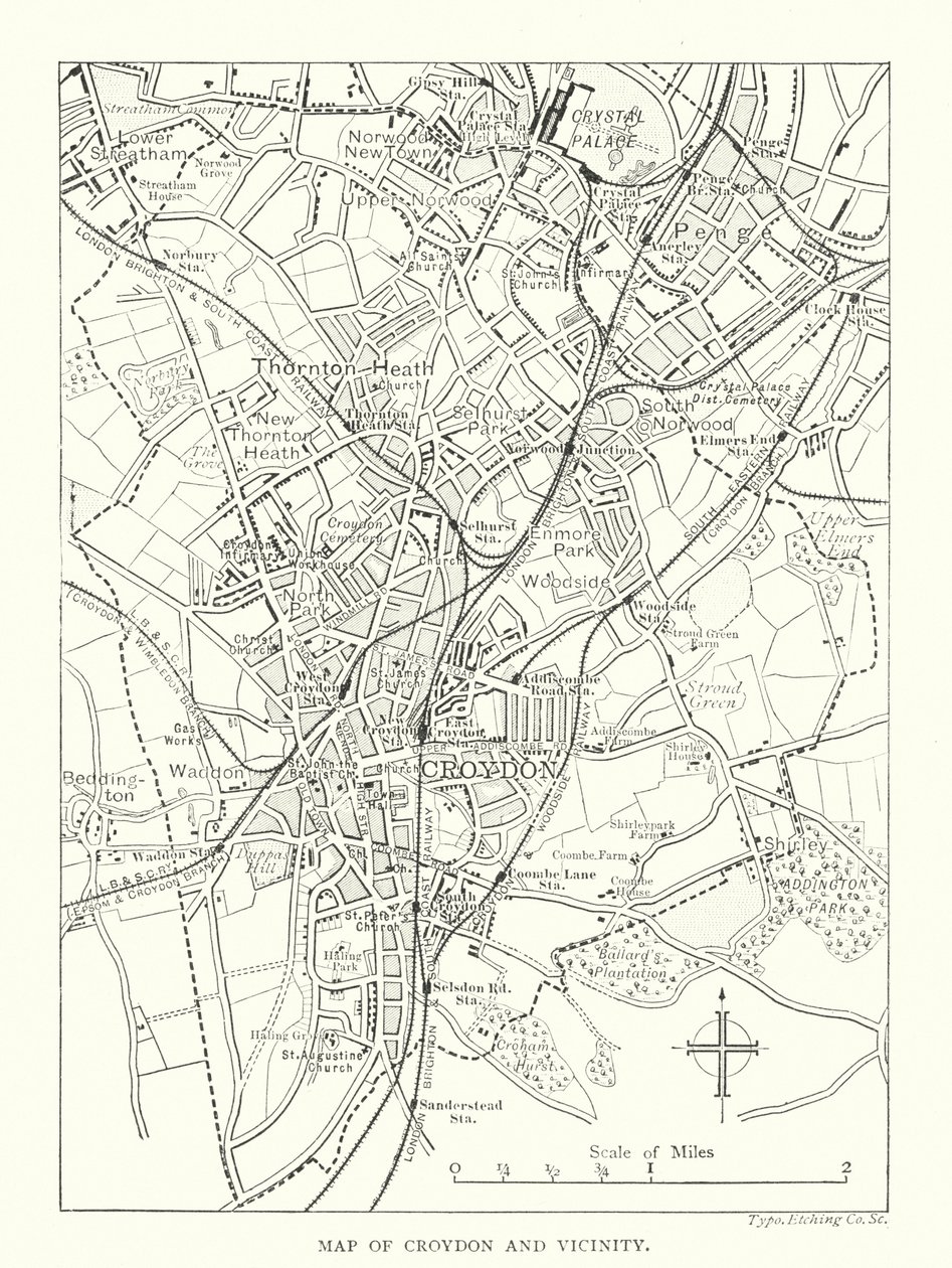 Kaart van Croydon en omgeving (gravure) door English School