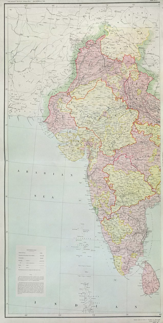 Kaart van India, gepubliceerd onder leiding van Kolonel H.R. Thuillier, R.E., Opperlandmeter van India, 1877 door English School