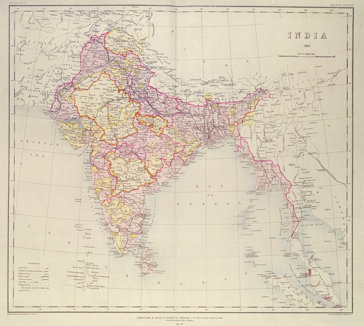 Kaart van India, gepubliceerd onder leiding van kolonel H.R. Thuillier, R.E., Surveyor General of India, 1882 door English School