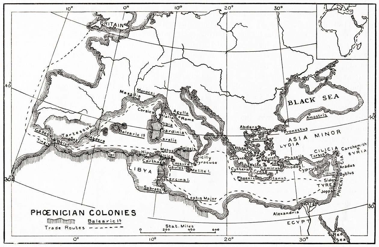 Kaart van de Fenicische koloniën en hun mediterrane handelsroutes door English School