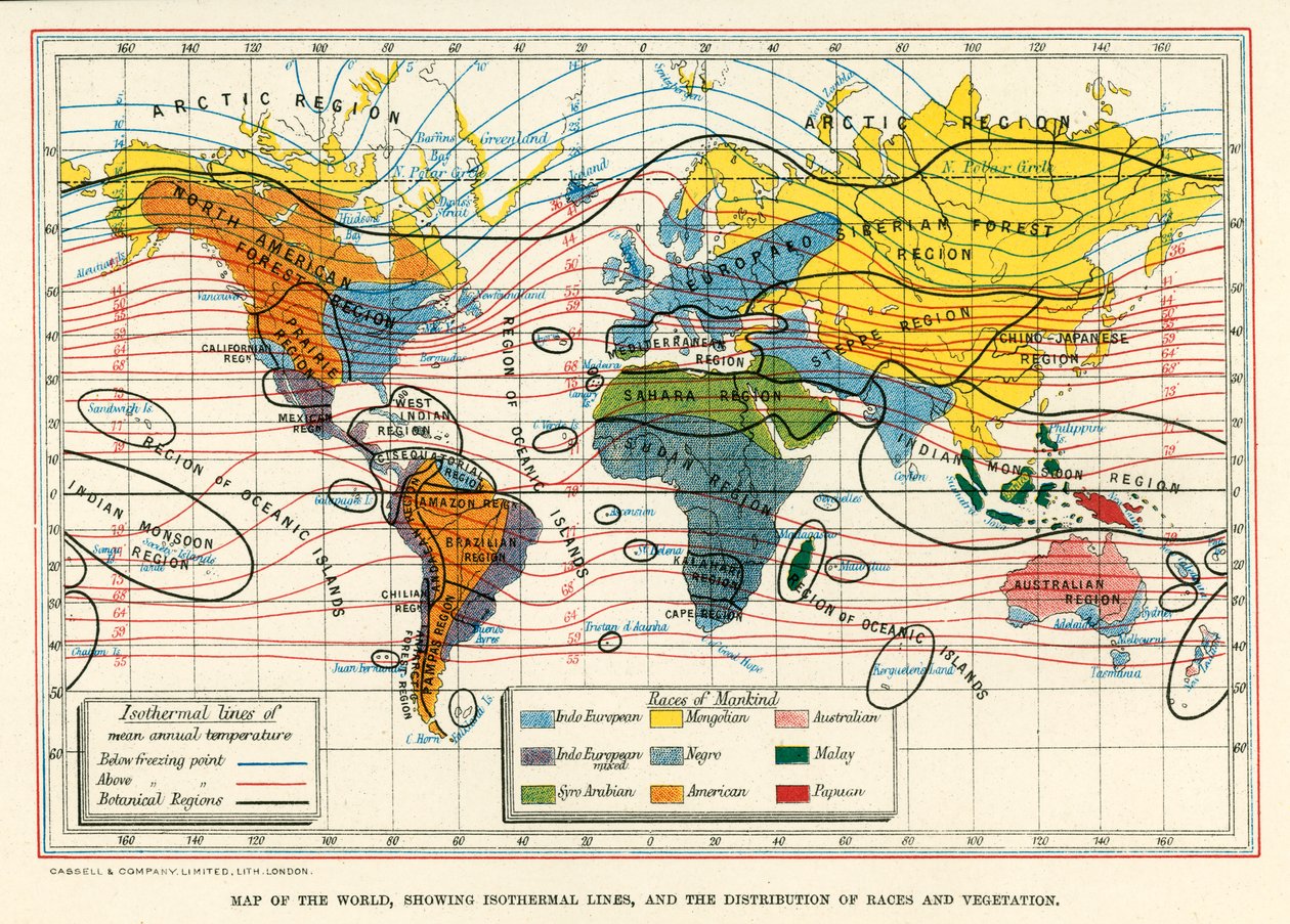 Kaart van de wereld met isothermische lijnen en de verspreiding van rassen en vegetatie (kleurenlitho) door English School