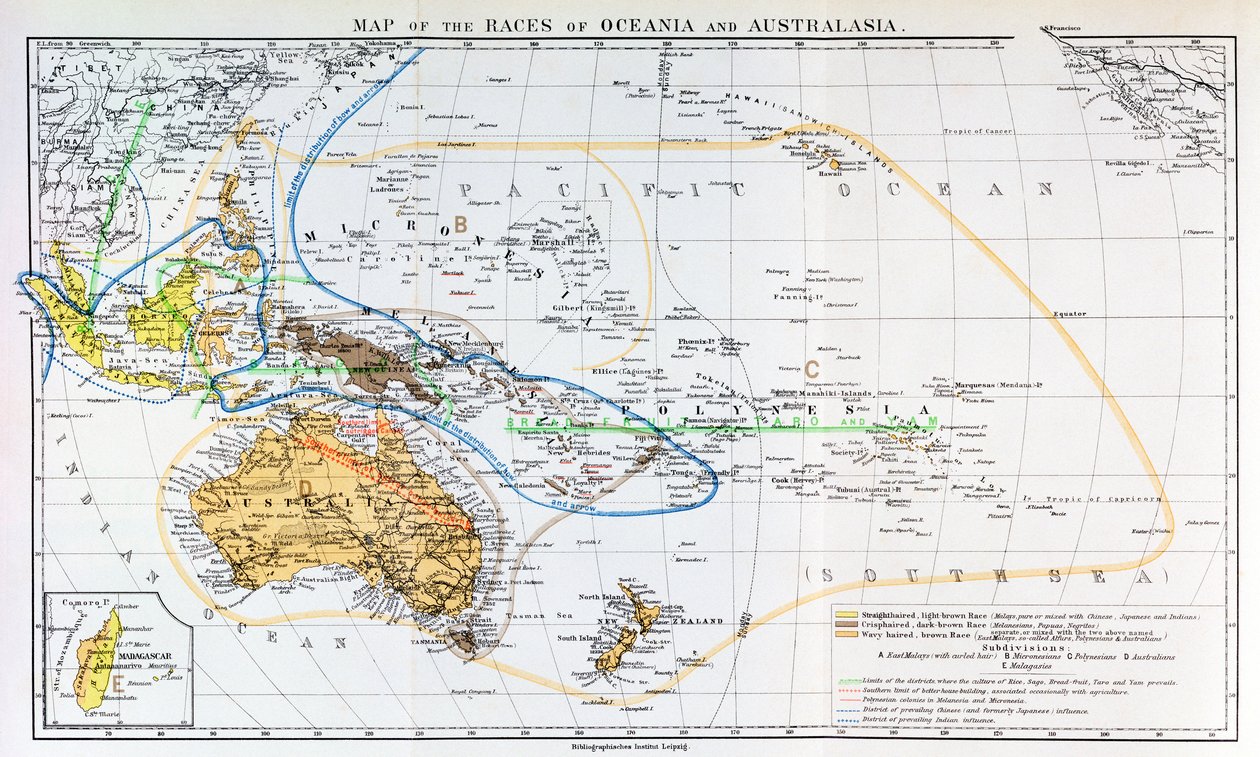 Kaart van de rassen van Oceanië en Australazië, uit 
