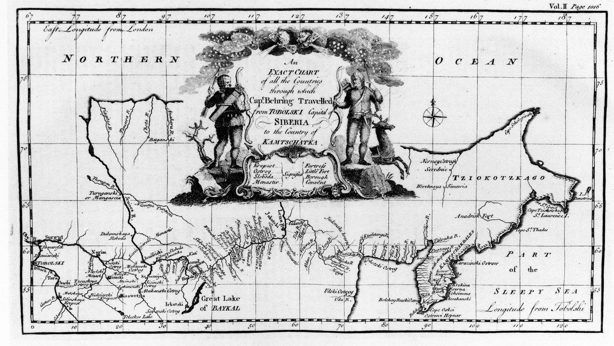 Kaart van de route genomen door Vitus Bering door Siberië naar Kamtsjatka, uit Navigantium atque Itinerantium Bibliotheca, gepubliceerd in 1744 door English School